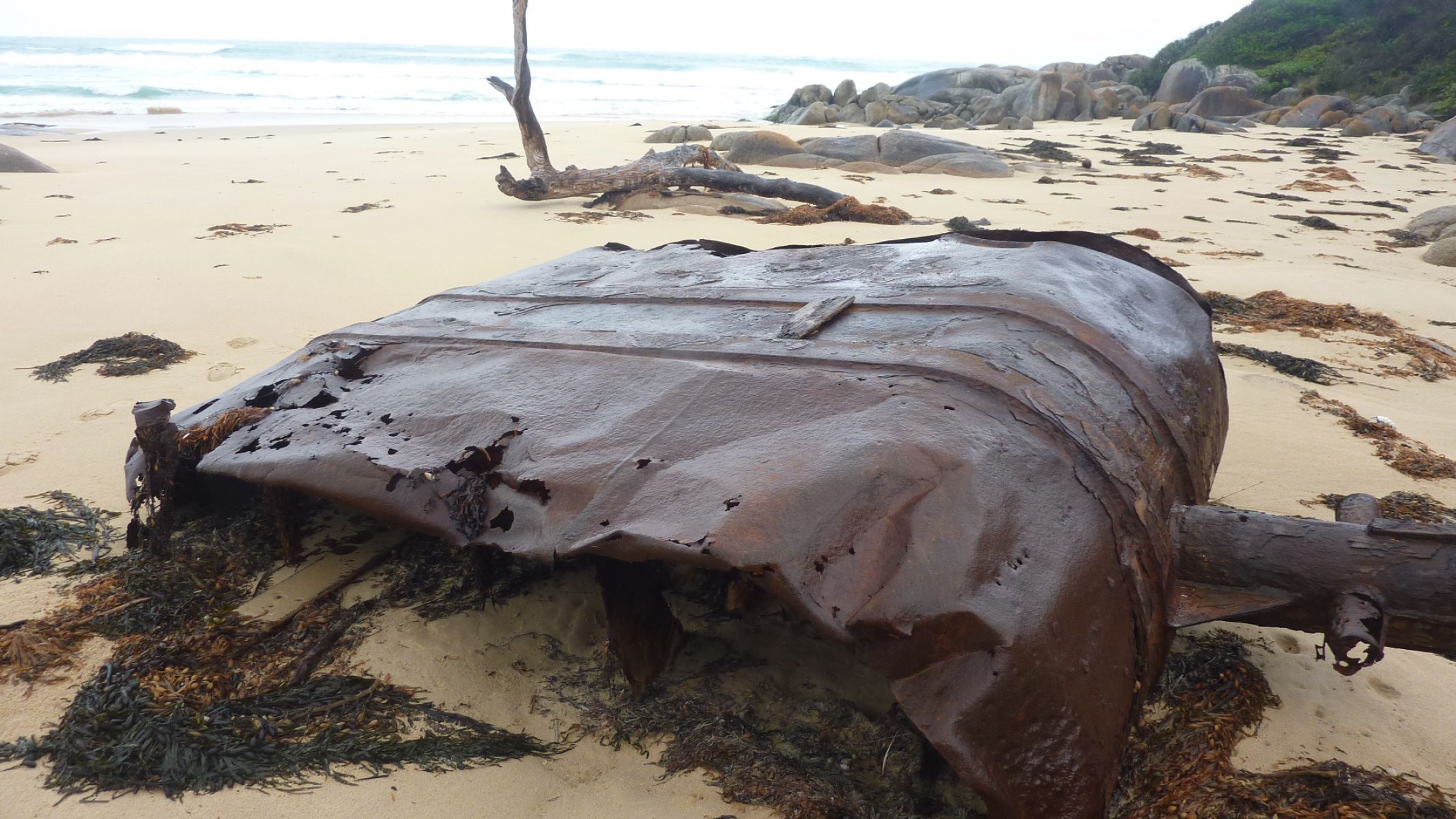 Image shows of piece of shipwreck wreckage on a beach