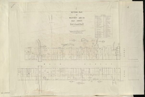 Image shows the revised plans for blocks A, B, C, D on Main Street, Ballaarat from the Crown Lands office in 1857