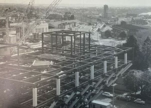 Image shows an exterior shot of the offices - August 1977 State Government Offices under construction.