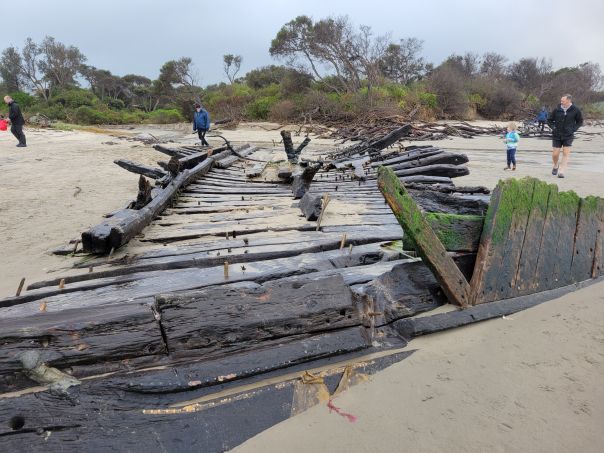 A wooden shipwreck can be seen washed ashore in the sand. 