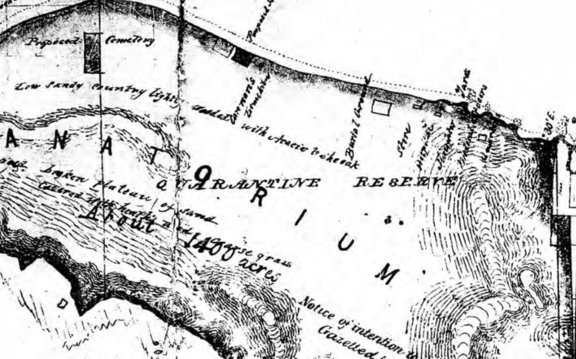 Detail from 1854 Survey Plan, showing the quarantine reserve, with annotation reading Cannon’s Limekiln (Land Victoria- Put Away Parish Plan P35).